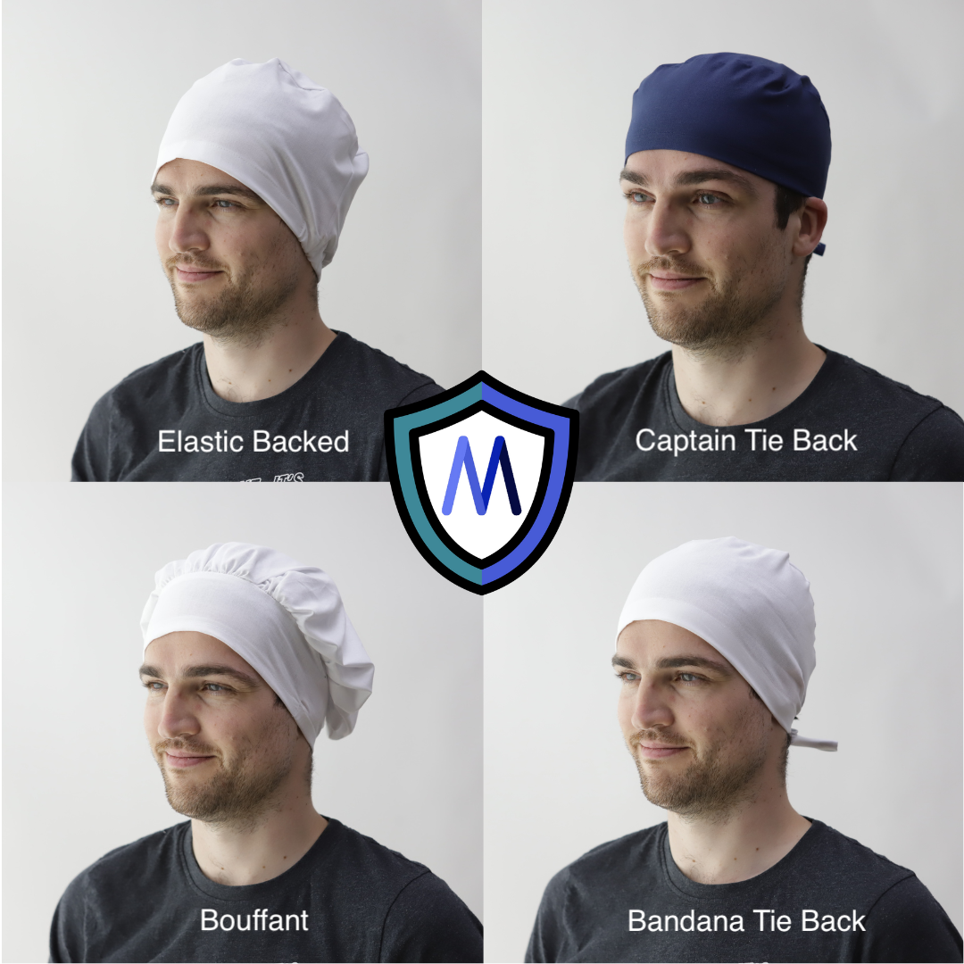 A man models four Medicus Scrub Caps styles: Elastic Backed, Captain Tie Back, Bouffant, and Bandana Tie Back. Eco Reuse Recycle Scrub Caps promote sustainable healthcare.