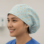 Alpaca / Llama Party Blue scrub cap shown on model