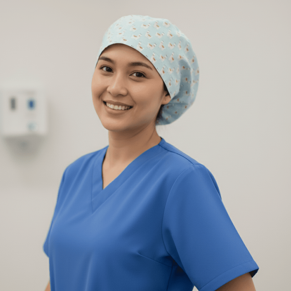 Alpaca / Llama Party Blue scrub cap shown on model