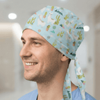 Alpaca Mountain Blue scrub cap shown on model