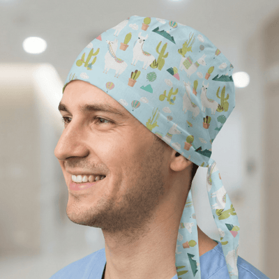 Alpaca Mountain Blue scrub cap shown on model