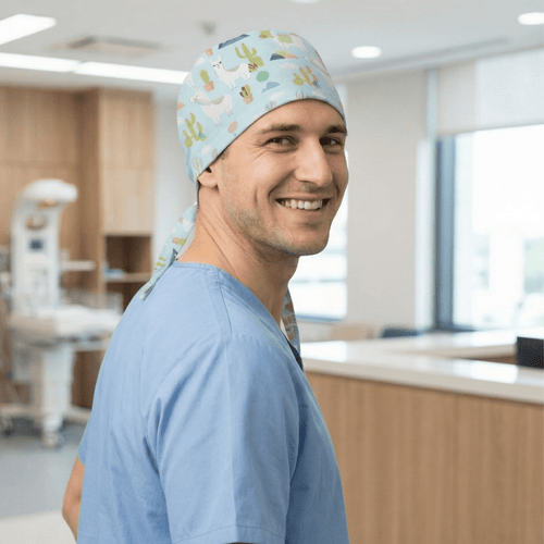 Alpaca Mountain Blue scrub cap pattern detail on mannequin