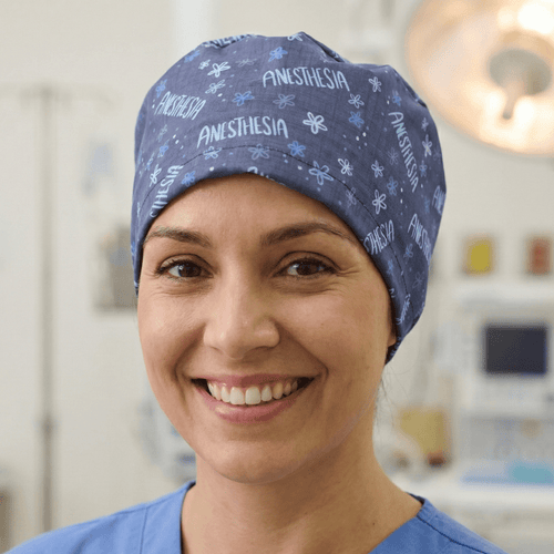 Anaesthetist Anaesthesia scrub cap shown on model