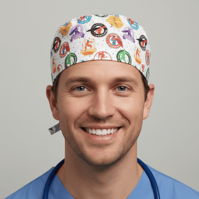 Anaesthetist Superheroes scrub cap shown on model