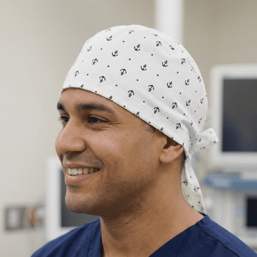 Anchors On Ivory Scrub Cap scrub cap flat lay view