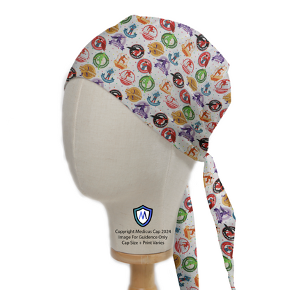 Anaesthetist Superheroes Scrub Cap from Medicus Scrub Caps, featuring a colorful superhero-themed pattern on a white background.