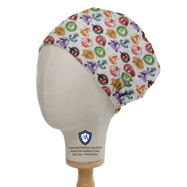 Anaesthetist Superheroes Scrub Cap from Medicus Scrub Caps, featuring a colorful pattern of superhero-themed medical designs on a white background.