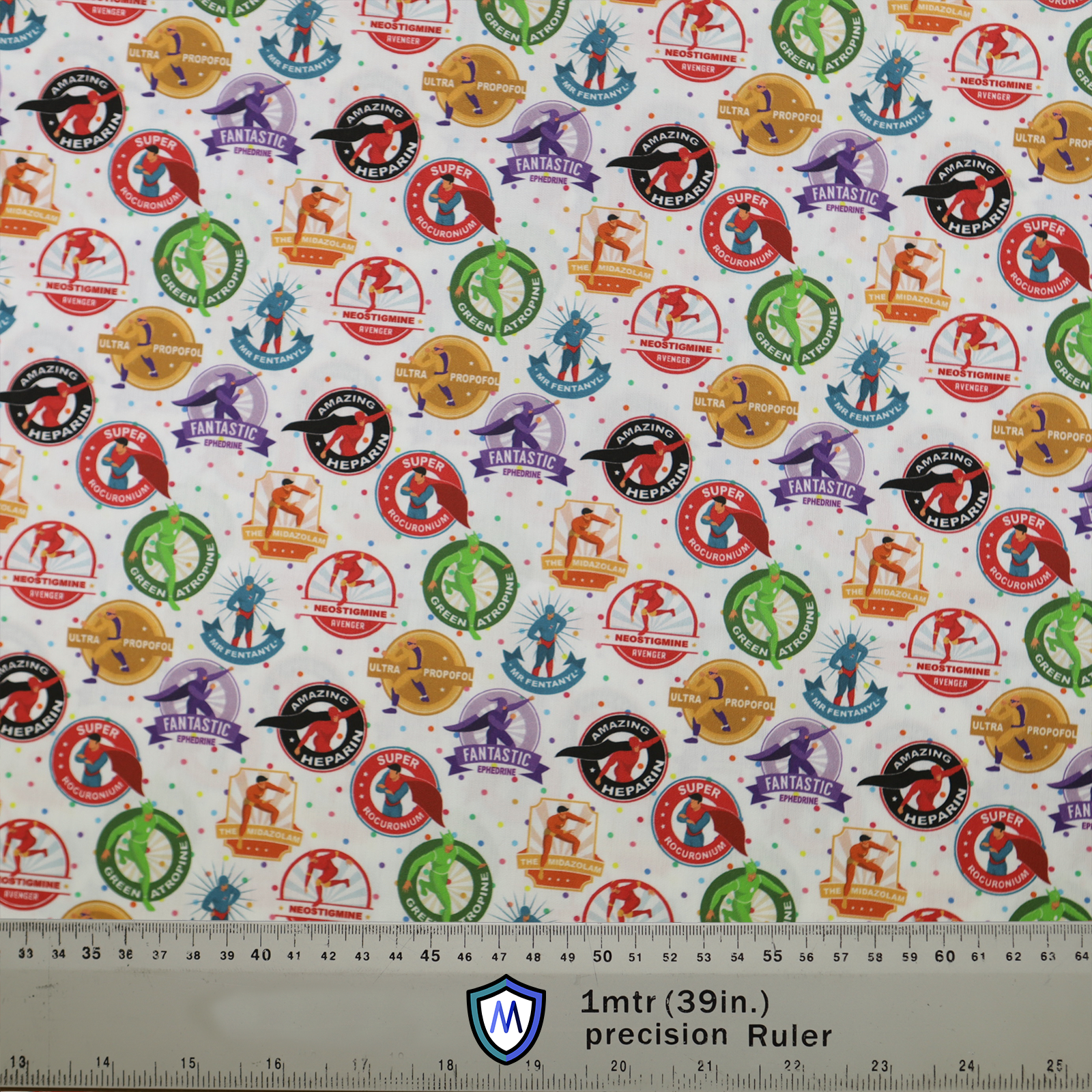 Anaesthetist Superheroes Scrub Cap from Medicus Scrub Caps, featuring colorful superhero-inspired medication designs on a white background.