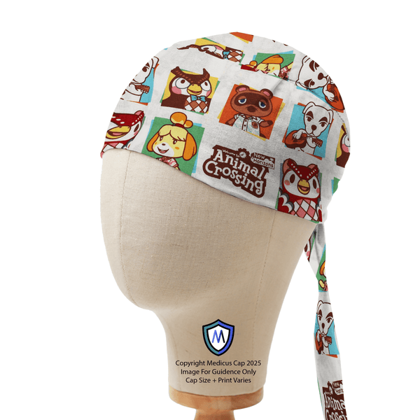 Captain-style scrub cap by Medicus Caps featuring an Animal Crossing design, displayed on a mannequin to showcase its vibrant pattern and character details.