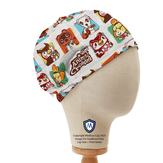 Elastic-backed scrub cap with an Animal Crossing design by Medicus Caps, featuring beloved characters on a colorful pattern, displayed on a mannequin.