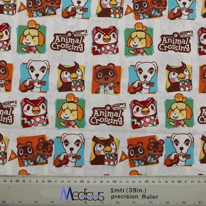 Fabric pattern with Animal Crossing characters by Medicus Scrub Caps, featuring a colorful retro-game-inspired design for stylish and fun scrub caps.
