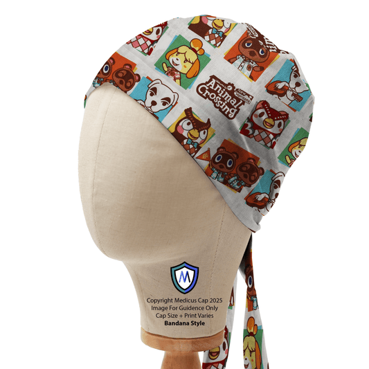 Bandana-style scrub cap by Medicus Caps featuring a vibrant Animal Crossing design, displayed on a mannequin to showcase its pattern and fit.