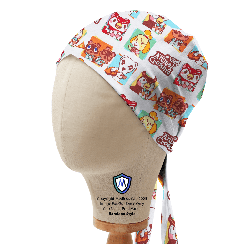 Bandana style scrub cap featuring Animal Crossing cartoon characters print on white background, shown on mannequin side view.