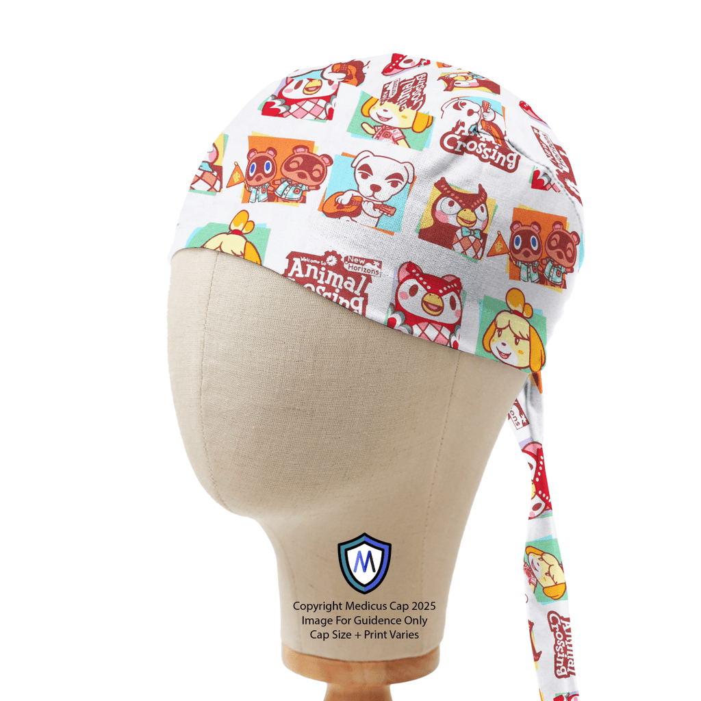Captain style scrub cap with Animal Crossing cartoon characters print on white background, shown on mannequin side view.