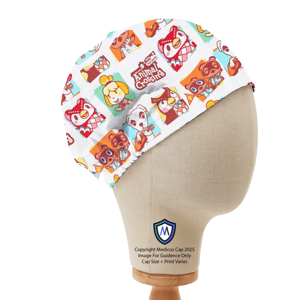 Elastic-backed scrub cap featuring Animal Crossing cartoon characters print on white background, shown on mannequin side view.