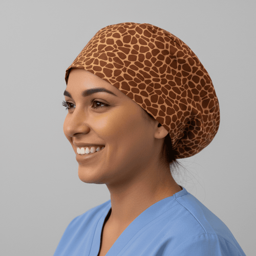 Animal Print Giraffe scrub cap shown on model