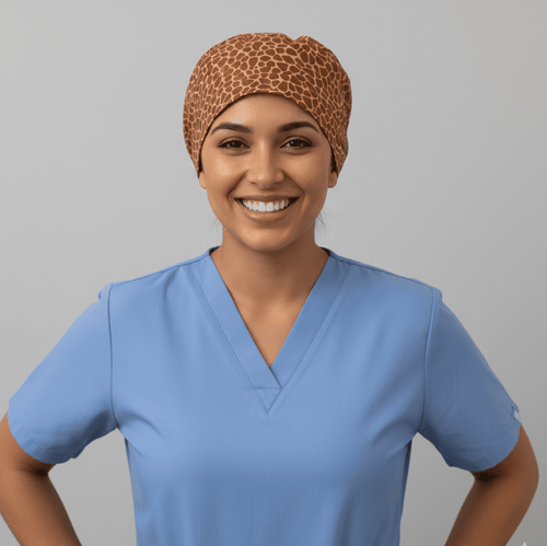 Animal Print Giraffe scrub cap pattern detail on mannequin