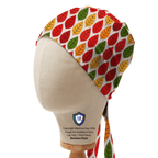 Autumnal Leaves scrub cap in Bandana tie-back style
