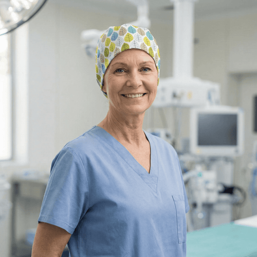 Autumn Leaves #1 scrub cap pattern detail on mannequin