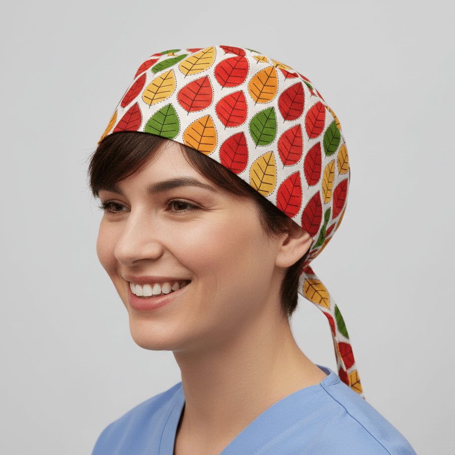 Person wearing a colorful headscarf with leaf patterns on a plain background
