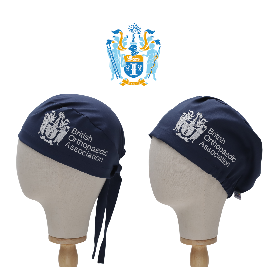 Navy blue Medicus Scrub Cap with British Orthopaedic Association logo, displayed on mannequin heads. Custom design by @boa-official-scrub-cap.