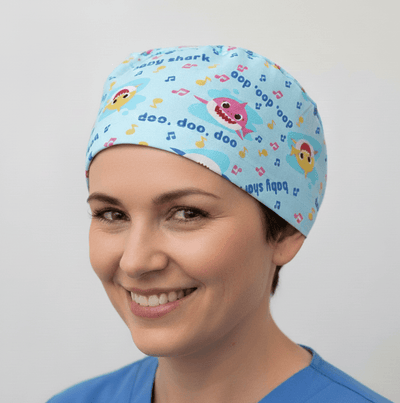 Baby Shark Doo Doo Doo scrub cap shown on model