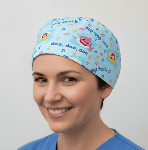 Baby Shark Doo Doo Doo scrub cap shown on model