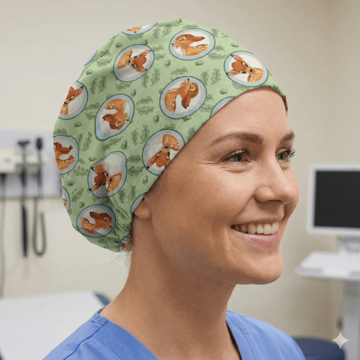 Bambi Laughing On Green Scrub Cap