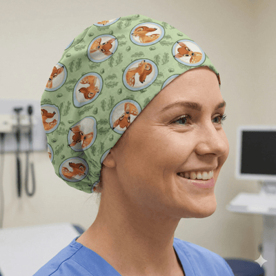 Bambi Laughing On Green scrub cap shown on model