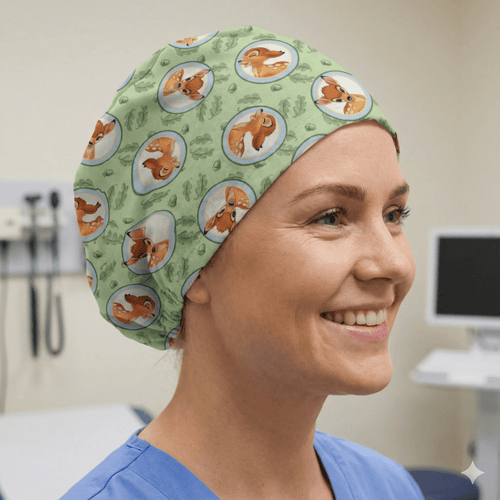 Bambi Laughing On Green scrub cap shown on model