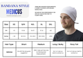 Alt text: "Medicus bandana-style scrub cap size guide with a model wearing a white reusable theatre hat. Available in multiple sizes for different hair types."