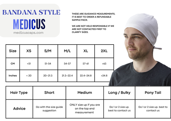 Alt text: "Medicus bandana-style scrub cap size guide with a model wearing a white reusable theatre hat. Available in multiple sizes for different hair types."