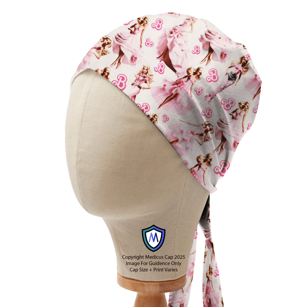 Barbie Ballerina Pink Medicus Scrub Cap featuring elegant ballerina illustrations and pink accents, designed for style and comfort in medical settings.