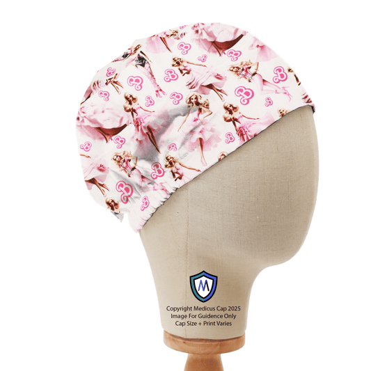 Medicus Scrub Cap featuring a pink Barbie ballerina pattern on a white background, displayed on a mannequin head.