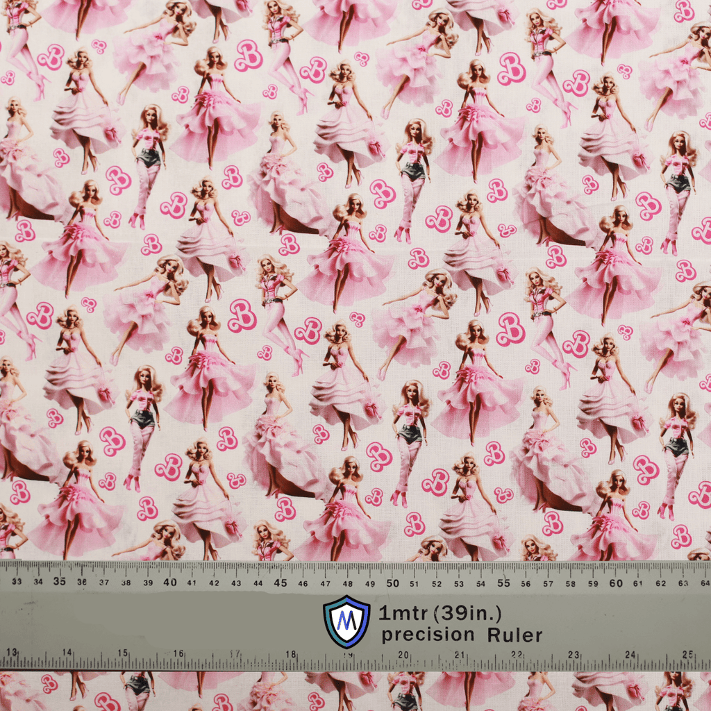 Barbie Ballerina Pink Medicus Scrub Cap fabric with elegant Barbie dolls in pink dresses and ballet poses on a light pink background.