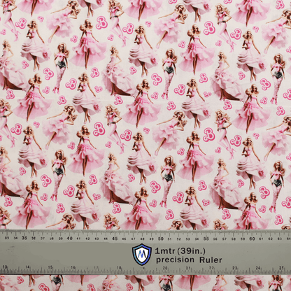 Barbie Ballerina Pink Medicus Scrub Cap fabric with elegant Barbie dolls in pink dresses and ballet poses on a light pink background.
