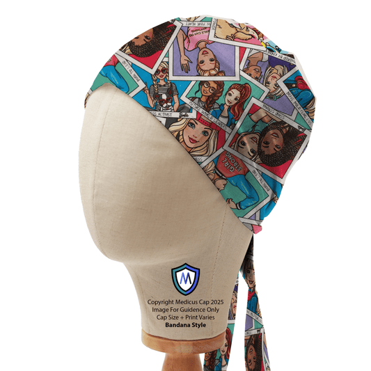 A mannequin wears the Barbie Strong Girl Scrub Cap by Medicus Scrub Caps, featuring a vibrant comic-style print with illustrated faces. Tied at the back for a secure fit.