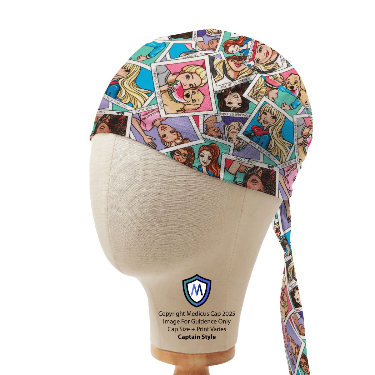 A mannequin head wears the Barbie Strong Girl Scrub Cap by Medicus Scrub Caps, featuring cartoon female faces in comic-style frames on a pastel background.