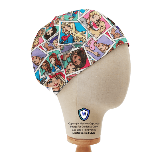 A mannequin head displays the Barbie Strong Girl Scrub Cap from Medicus Scrub Caps, featuring vibrant comic-style illustrations of diverse women, dogs, and inspirational elements.