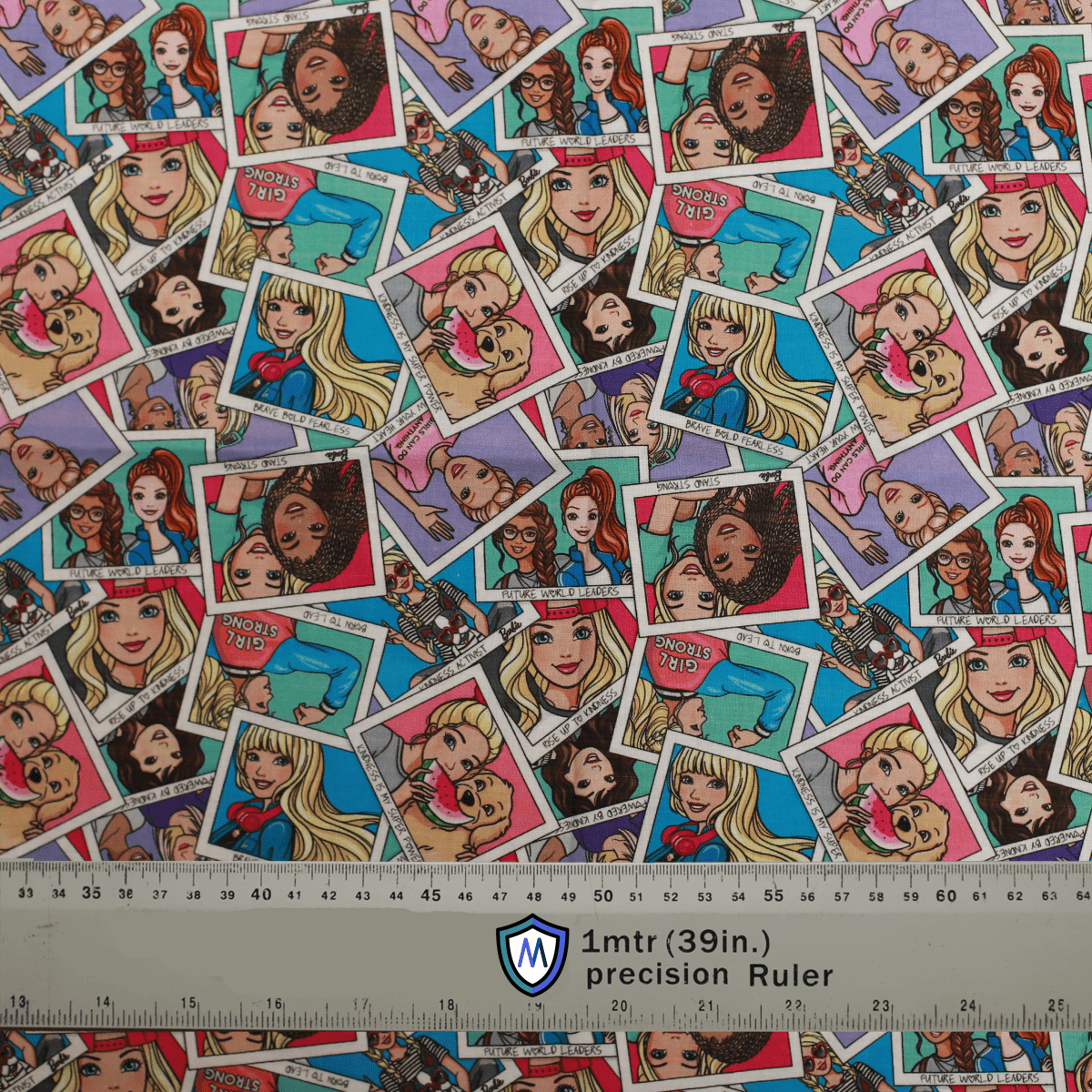 Barbie Strong Girl Medicus Scrub Cap fabric with colorful polaroid-style images of Barbie and friends, featuring empowering messages like "Strong Girls" and "Future World Leaders."