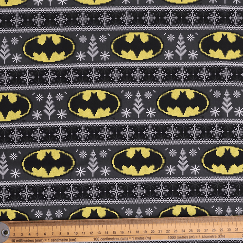 Christmas Batman Logo Jumper fabric pattern detail close-up