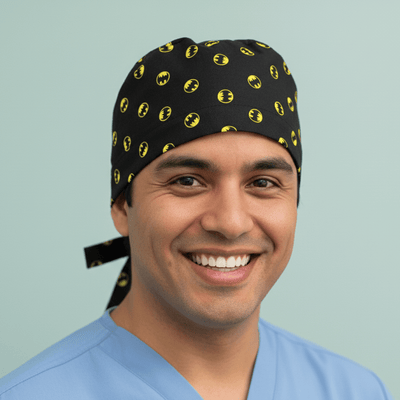 Batman Logos Small scrub cap shown on model