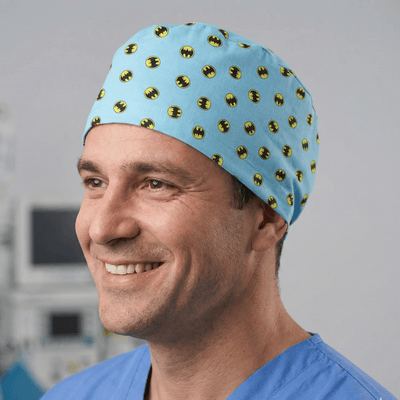 Batman Signal On Blue scrub cap shown on model