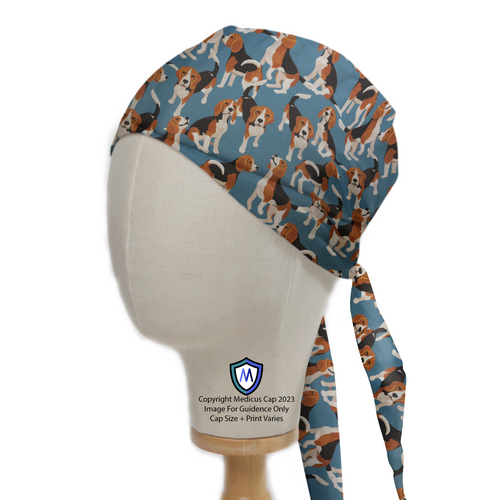 Beagle Dogs On Blue scrub cap in Bandana tie-back style