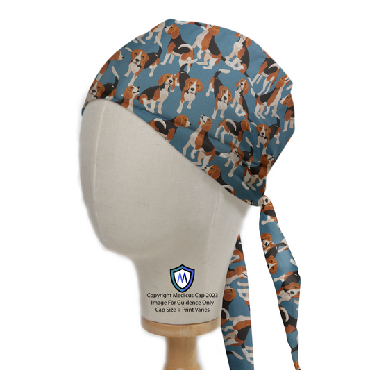 The Medicus Scrub Caps Beagle Dogs On Blue Scrub Cap features a playful beagle pattern on blue fabric with adjustable ties for a secure fit.