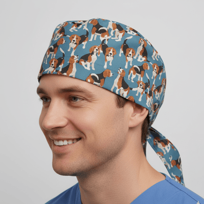 Beagle Dogs On Blue scrub cap shown on model