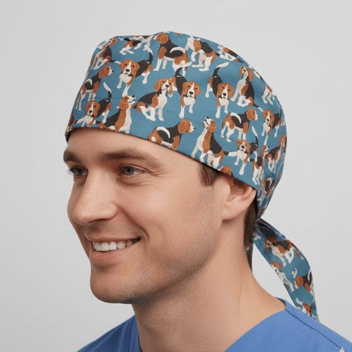 Beagle Dogs On Blue scrub cap shown on model
