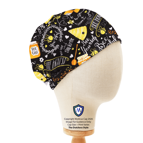Bees Honey Be Kind Positive scrub cap pattern detail on mannequin