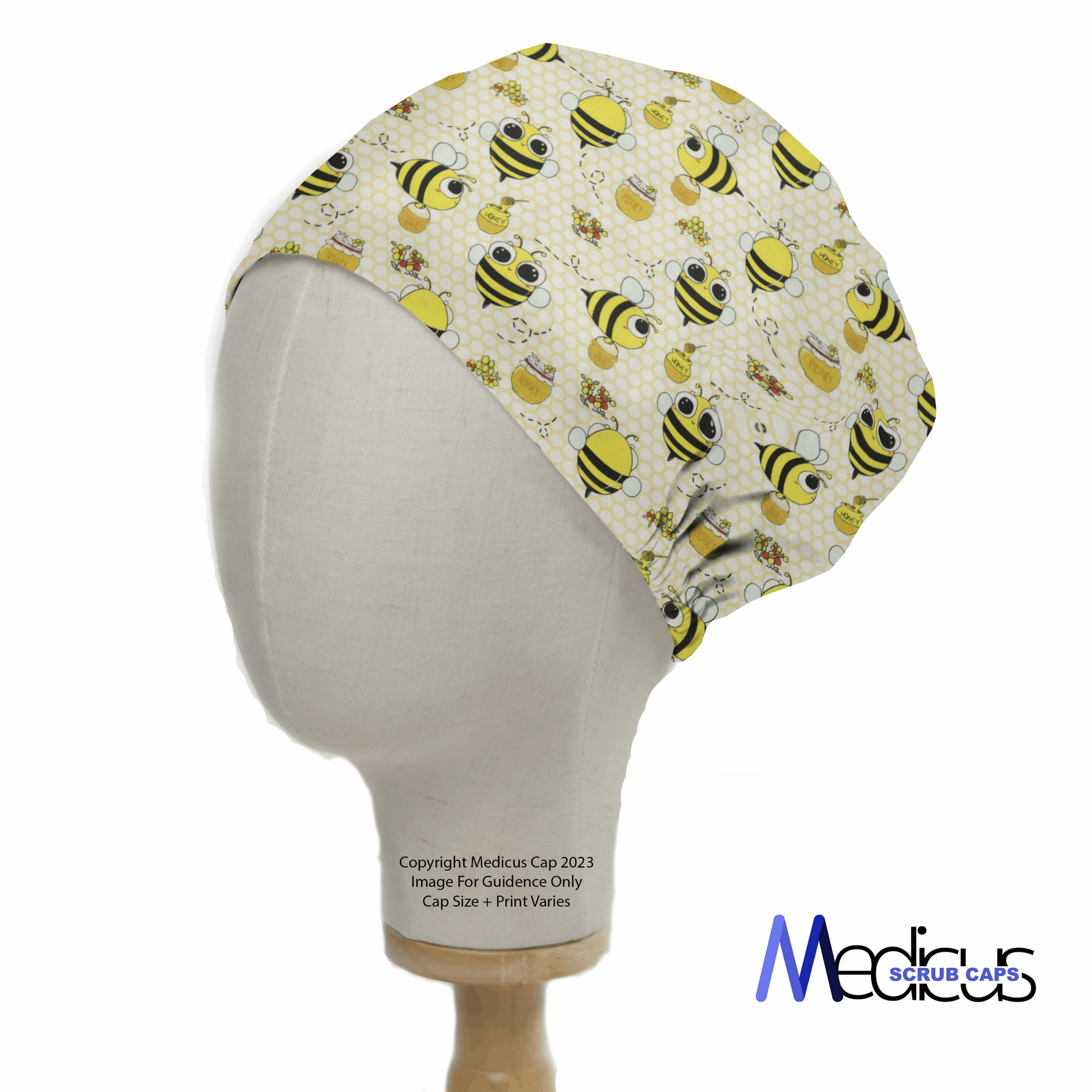 Bees Honey Pots Scrub Cap from Medicus Scrub Caps, featuring a playful bee and honey pot pattern on a yellow honeycomb background.