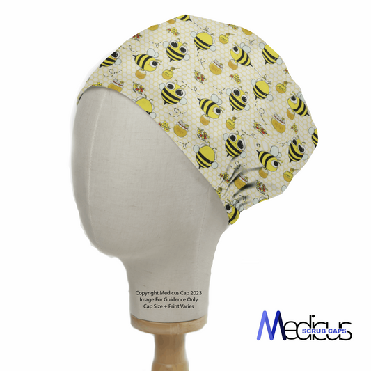 Bees Honey Pots Scrub Cap from Medicus Scrub Caps, featuring a playful bee and honey pot pattern on a yellow honeycomb background.